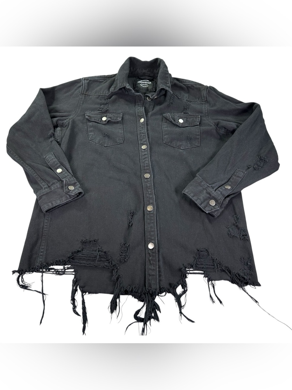 American Bazi Distressed Denim Shacket Women’s L Washed Black Oversized Raw Hem
